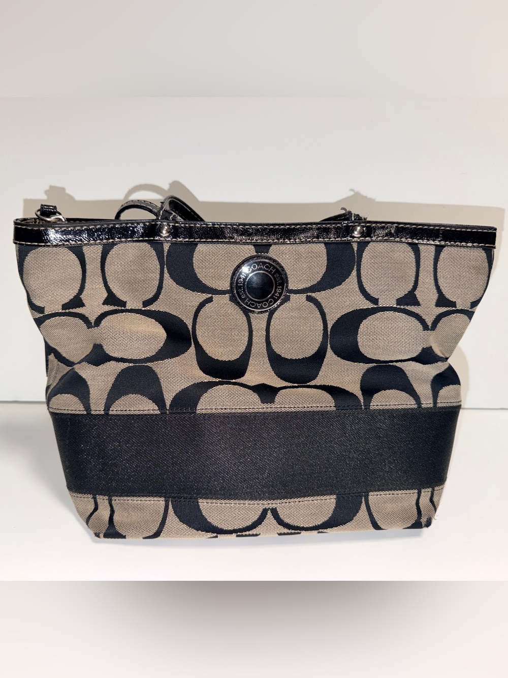Y2K Coach Signature Stripe Zippered Tote Black Gray Jacquard Shoulder Bag